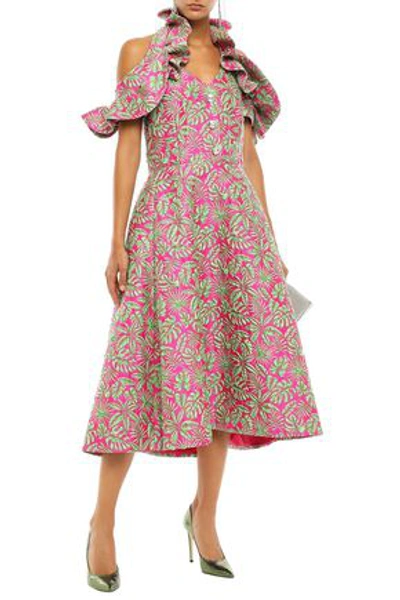 Shop Delpozo Woman Cold-shoulder Ruffled Jacquard Midi Dress Fuchsia