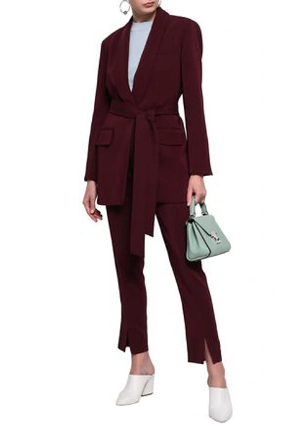 Shop Tibi Belted Stretch-crepe Blazer In Burgundy