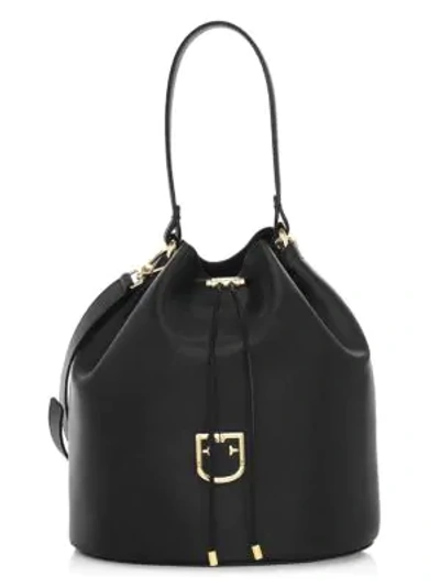 Shop Furla Medium Drawstring Leather Bucket Bag In Nero