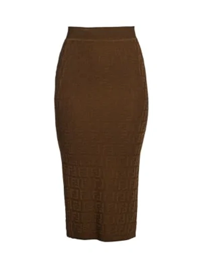 Shop Fendi Ff Logo Midi Pencil Skirt In Art Nouveau Brown