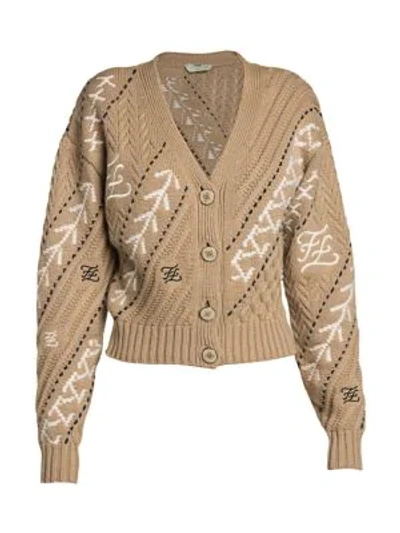 Shop Fendi Karligraphy Cable-knit Wool & Cashmere Cardigan In Liberty Beige Multi