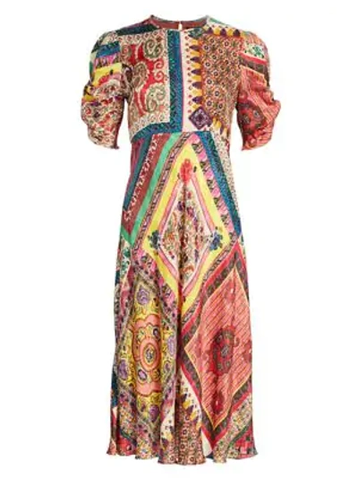 Shop Etro Mosaic Tile-print Puff-sleeve Midi Dress In Green