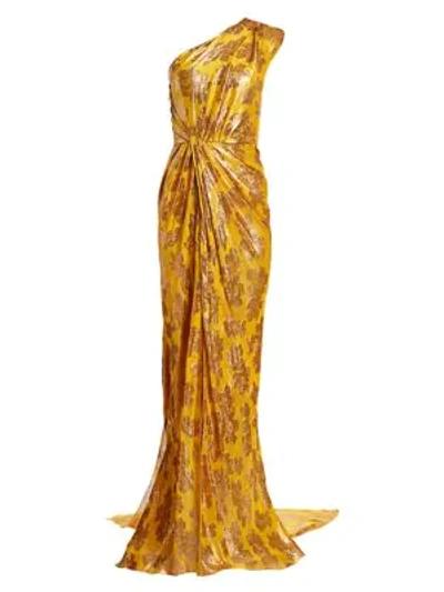 Shop Monique Lhuillier Women's One-shoulder Draped Gown In Antique Gold