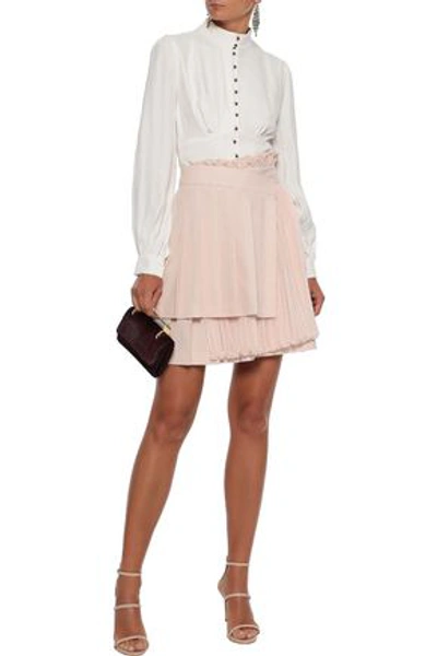 Shop Adeam Woman Wrap-effect Layered Plissé-organza And Wool-blend Mini Skirt Blush