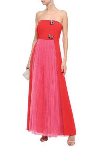 Shop Delpozo Strapless Embellished Crepe And Tulle Gown In Tomato Red