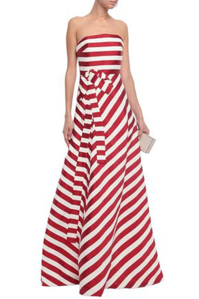 Shop Delpozo Woman Strapless Bow-embellished Striped Linen-blend Gown Claret