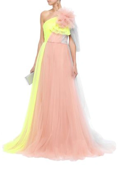 Shop Delpozo One-shoulder Color-block Tulle Gown In Blush