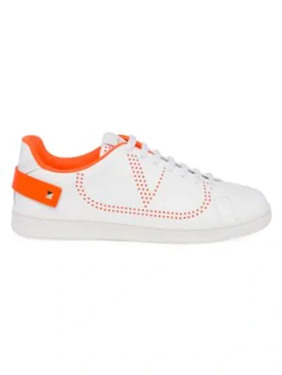 Shop Valentino Garavani Perforated V Logo Leather Sneakers In White Orange