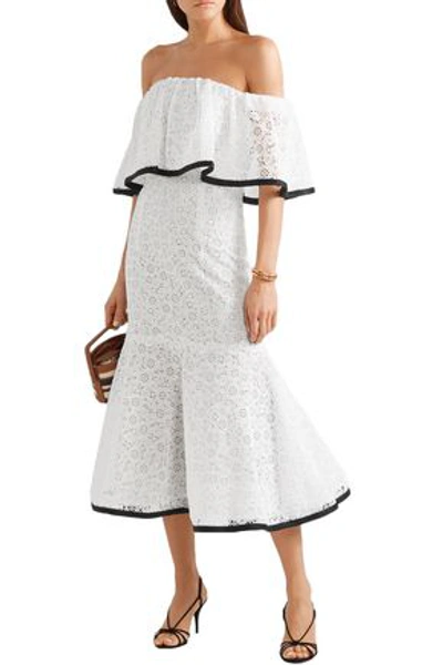 Shop Carolina Herrera Off-the-shoulder Cotton-blend Guipure Lace Midi Dress In White