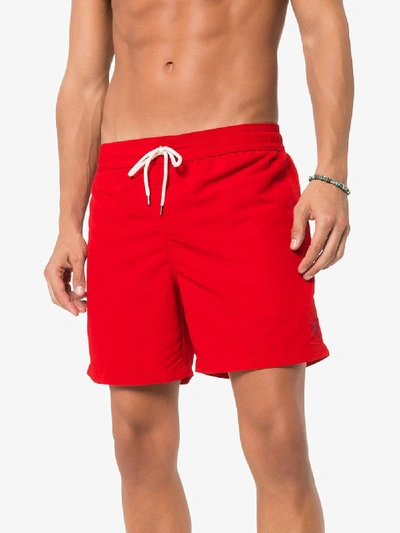 Shop Polo Ralph Lauren Mens Embroidered Logo Swim Shorts In Red