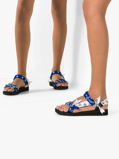 Shop Arizona Love Blue And White Bandana Knotted Flat Sandals In Black