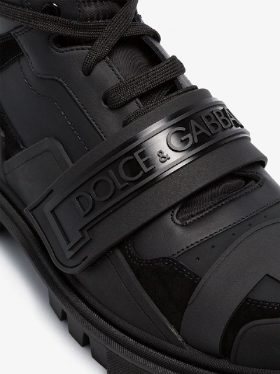 Shop Dolce & Gabbana Black Logo Strap Leather Hiking Boots