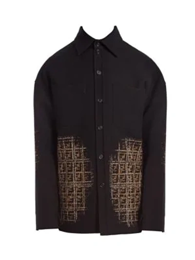 Shop Fendi Men's Blurred Ff Cotton Fleece Shirt Jacket In Black