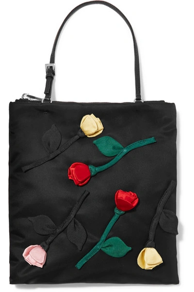 Shop Prada Fiori Leather-trimmed Appliquéd Nylon Tote In Black