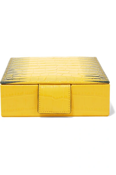 Shop Smythson Mara Printed Croc-effect Glossed-leather Jewelry Box In Bright Yellow