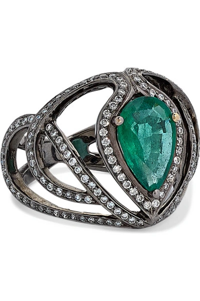 Shop Amrapali 18-karat Blackened Gold, Emerald And Diamond Ring