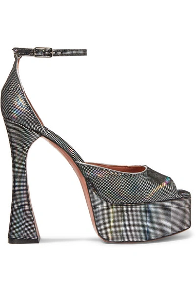 Shop Amina Muaddi Bianca Metallic Suede Platform Sandals In Gunmetal