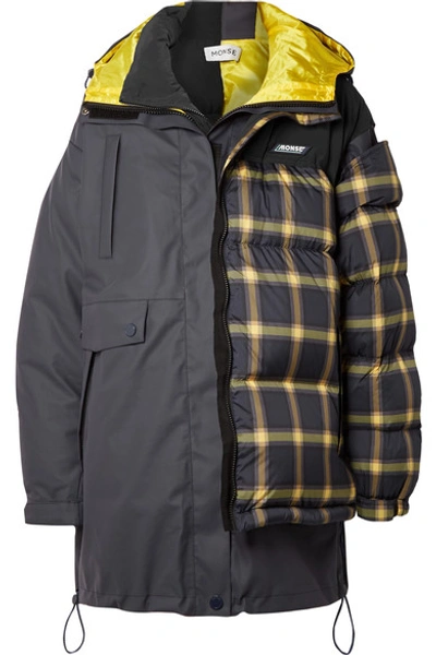 Shop Monse Layered Paneled Checked Shell And Ripstop Down Coat In Gray