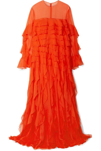 Shop Valentino Ruffled Silk-chiffon Gown In Bright Orange