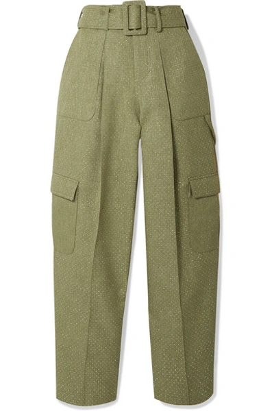 Shop Rosie Assoulin Belted Glittered Canvas Wide-leg Pants In Sage Green