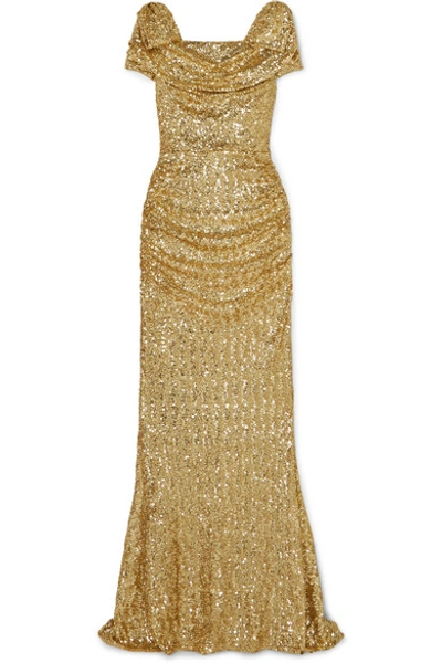Shop Dolce & Gabbana Draped Sequined Silk-blend Gown In Gold