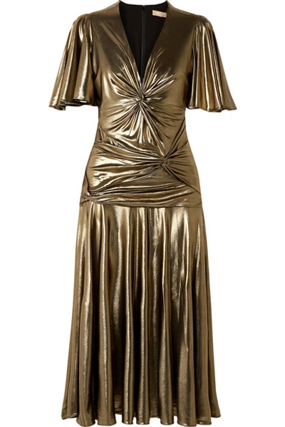 Shop Michael Kors Knotted Stretch-lamé Midi Dress In Gold