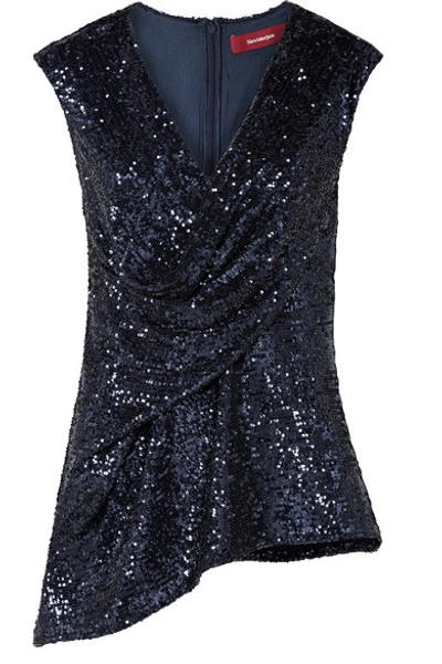 Shop Sies Marjan Neela Wrap-effect Sequined Tulle Top In Midnight Blue