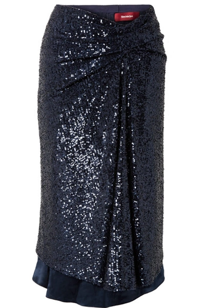 Shop Sies Marjan Kayla Draped Sequined Tulle Midi Skirt In Midnight Blue