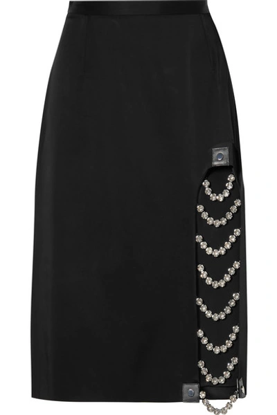 Shop Christopher Kane Embellished Leather-trimmed Satin Skirt In Black