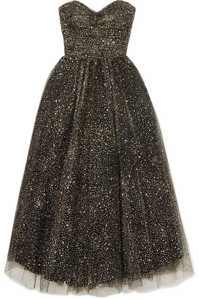 Shop Monique Lhuillier Brie Strapless Ruched Glittered Tulle Gown In Black