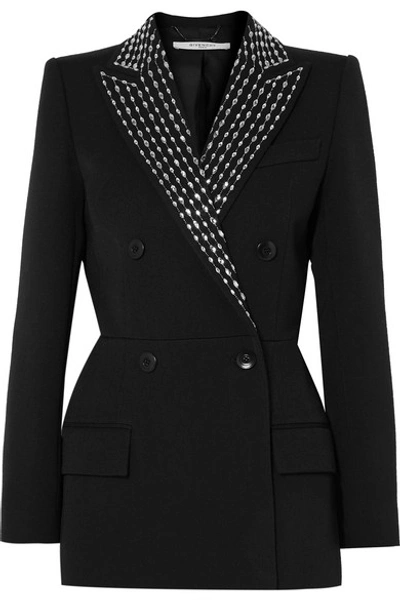 Shop Givenchy Double-breasted Crystal-embellished Wool And Silk-blend Twill Blazer In Black