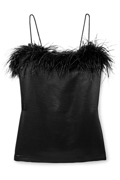 Shop Veronica Beard Davis Feather-trimmed Hammered Silk-satin Camisole In Black