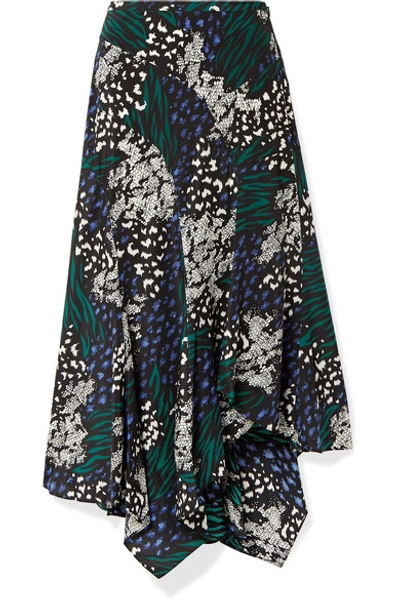 Shop Veronica Beard Mac Asymmetric Animal-print Stretch-silk Crepe De Chine Midi Skirt In Blue