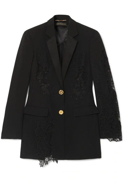 Shop Versace Lace-paneled Crepe Blazer In Black
