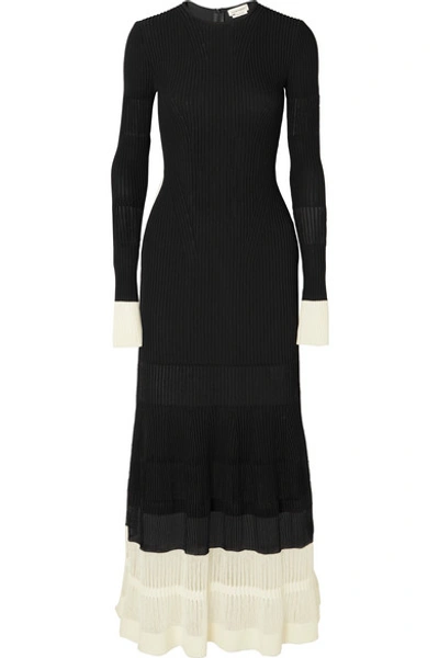Shop Alexander Mcqueen Two-tone Paneled Ribbed-knit Maxi Dress In Black
