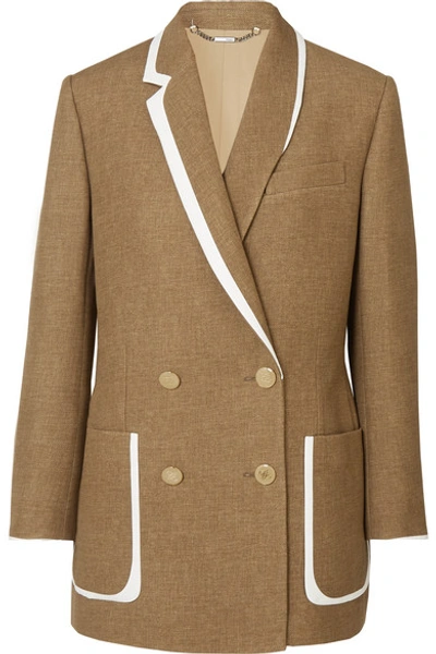 Shop Fendi Double-breasted Bow-detailed Leather-trimmed Wool And Silk-blend Blazer In Beige