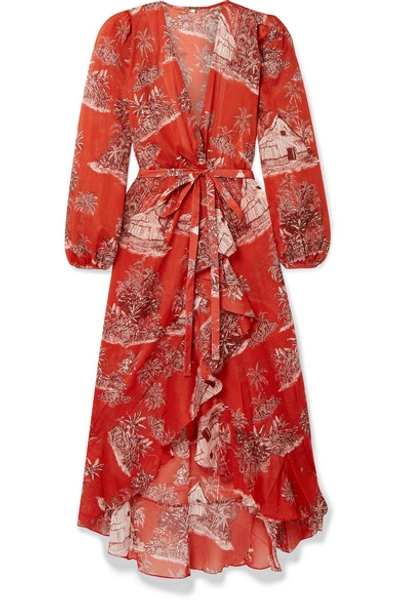 Shop Johanna Ortiz Cuando El Rio Suena Printed Cotton-voile Wrap Dress In Tomato Red