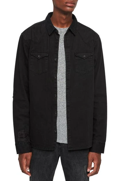Shop Allsaints Biso Regular Fit Black Distressed Button-up Shirt