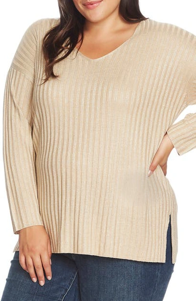 Shop Vince Camuto Metallic Stripe Ribbed V-neck Sweater In Flax Hthr