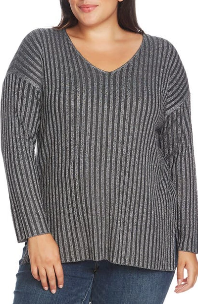 Shop Vince Camuto Metallic Stripe Ribbed V-neck Sweater In Med Hthr Grey