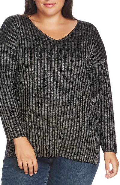 Shop Vince Camuto Metallic Stripe Ribbed V-neck Sweater In Rich Black