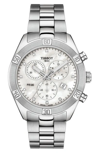 Shop Tissot Pr 100 Diamond Chronograph Bracelet Watch, 38mm In Silver/ Mop/ Silver