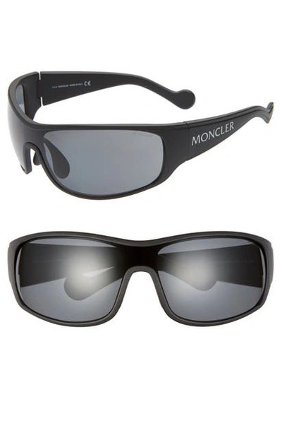 Shop Moncler 77mm Polarized Wrap Shield Sunglasses In Black/ Smoke Polarized