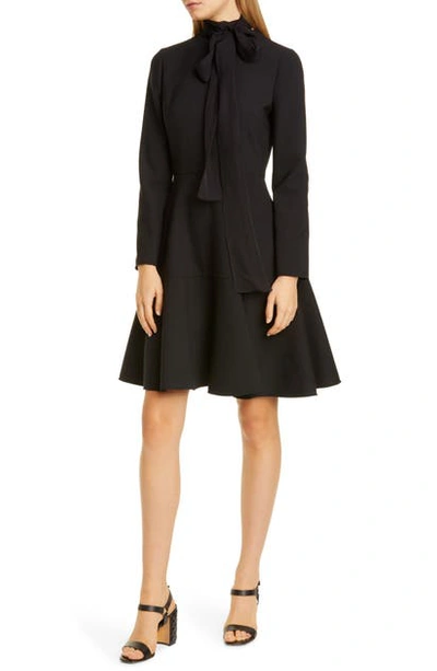 Shop Valentino Tie Neck Long Sleeve Fit & Flare Dress In Nero