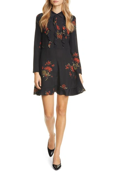 Shop Red Valentino Ruffle Floral Print Long Sleeve Minidress In Black