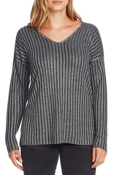 Shop Vince Camuto Metallic Stripe V-neck Sweater In Medium Heather Grey