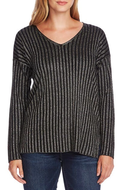 Shop Vince Camuto Metallic Stripe V-neck Sweater In Rich Black