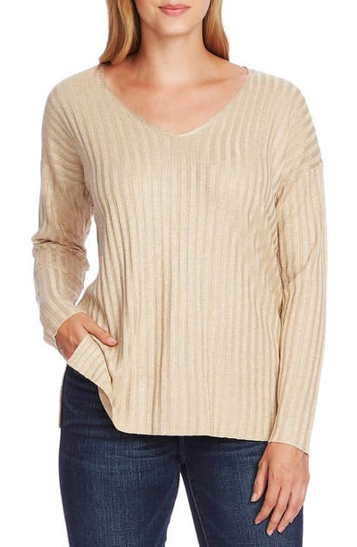 Shop Vince Camuto Metallic Stripe V-neck Sweater In Flax Heather