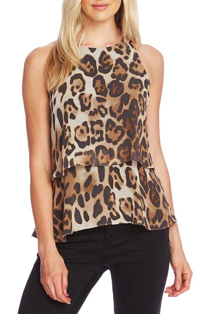 Shop Vince Camuto Leopard Double Layer Tank Top In Rich Black