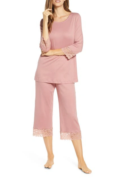 Shop Hanro Moments Lace Trim Crop Pajamas In Rouge